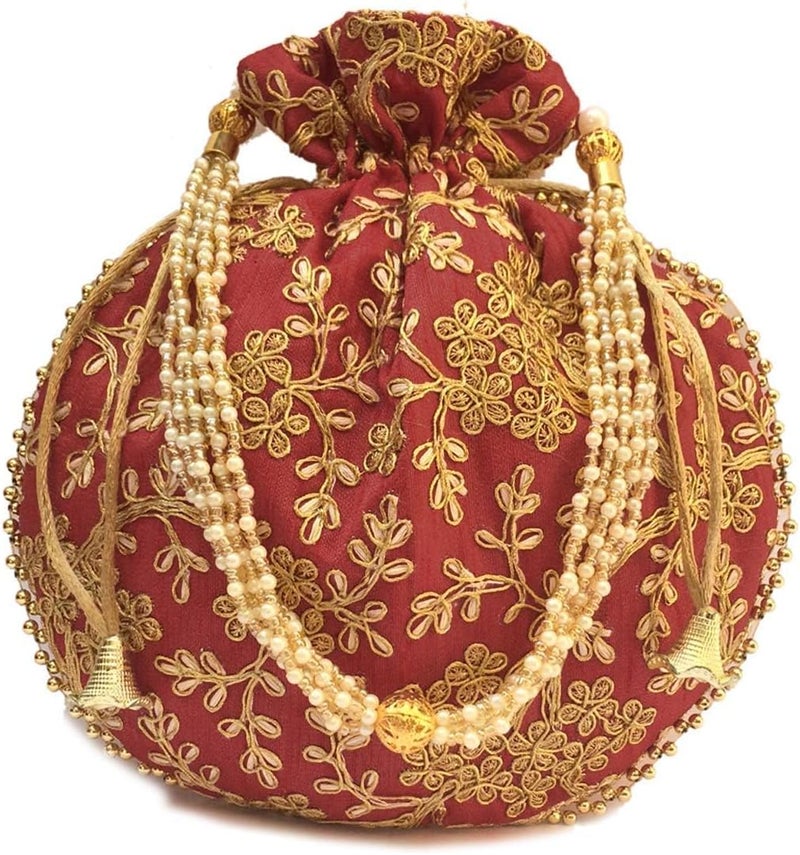 IGH Ethnic Potli Bag Ladies Handbag Batwa Pearls Handle Clutch Purse for Bridal Women - Image 1